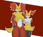 absurd_res anthro big_breasts black_body black_fur braixen breasts canid canine crossed_arms delphox duo duo_focus female female/female fox fur generation_6_pokemon group hi_res huge_breasts humanoid koth4 mammal multicolored_body multicolored_fur nintendo pokemon pokemon_(species) size_difference thick_thighs white_body white_fur yellow_body yellow_fur