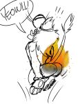 accessory anthro burning butt butt_on_fire clothing dialogue digital_media_(artwork) felid fire hand_on_butt headband hi_res lion male mammal mane oceantiger11 open_mouth pain pantherine raised_tail rear_view screaming shirt solo speech_bubble tail text topwear