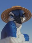 anthro ariesredlo avian beak bird blue_body blue_eyes blue_feathers clothed clothing detailed dress eyelashes feathers female headshot_portrait hi_res jewelry necklace portrait realistic sky solo