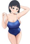  1girl aqua_eyes arm_behind_head black_hair blue_one-piece_swimsuit bob_cut breasts cleavage closed_mouth collarbone covered_navel hair_ornament hairclip highres id1ym kirigaya_suguha large_breasts lifted_by_self looking_at_viewer one-piece_swimsuit school_swimsuit short_hair sideboob smile solo strap_lift swimsuit sword_art_online white_background 