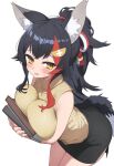  1girl animal_ear_fluff animal_ears black_hair black_skirt blush book book_hug breasts hair_between_eyes hair_ornament hairclip highres hiroisora_(smhong04) holding holding_book hololive hugging_object large_breasts leaning_forward long_hair looking_at_viewer multicolored_hair ookami_mio parted_lips pencil_skirt ponytail red_hair sidelocks skirt sleeveless sleeveless_sweater solo streaked_hair sweat sweater tail turtleneck turtleneck_sweater upper_body virtual_youtuber white_background wolf_ears wolf_girl wolf_tail yellow_eyes yellow_sweater 