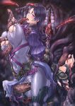  1girl barefoot blue_eyes bodysuit breasts censored fate/grand_order fate_(series) highres kuragetakos large_breasts minamoto_no_raikou_(fate) monster mosaic_censoring nipples pelvic_curtain penis purple_hair restrained stirrup_legwear tears tentacle_pit tentacles thigh_sex toeless_legwear toes tongue tongue_out torn_bodysuit torn_clothes 