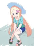  abigail_williams_(fate/grand_order) bangs blonde_hair blue_eyes blue_shorts blush butterfly_hair_ornament collarbone commentary_request eyebrows_visible_through_hair fate/grand_order fate_(series) forehead green_footwear green_shirt hair_ornament hat highres kujou_karasuma long_hair looking_at_viewer notice_lines parted_bangs print_shirt shirt shoes short_shorts short_sleeves shorts signature sitting solo star star_print very_long_hair white_hat 