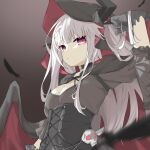  1girl adjusting_hair azur_lane black_choker black_dress black_feathers black_gloves black_horns black_wings breasts choker cleavage cleavage_cutout clothing_cutout dress erebus_(azur_lane) erebus_(meta)_(azur_lane) feathers gloves gradient_background hand_up hood hood_up horns long_hair long_sleeves looking_at_viewer materu2477 parted_lips red_eyes simple_background skull slit_pupils small_breasts solo upper_body white_hair wings 