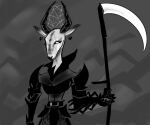ambiguous_gender anthro armor horn hybrid lostwisdom male melee_weapon polearm scythe simple_background sketch solo spider_web weapon