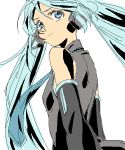  arms_behind_back bare_shoulders blue_eyes blue_hair cowboy_shot detached_sleeves expressionless eyelashes graphite_(medium) grey_shirt hatsune_miku long_hair looking_back necktie orie shirt simple_background sleeveless sleeveless_shirt solo traditional_media twintails upper_body very_long_hair vocaloid white_background 
