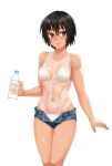  amagami ass_visible_through_thighs bare_shoulders bikini black_eyes black_hair blush bottle breasts breasts_apart collarbone hair_between_eyes holding holding_bottle looking_at_viewer medium_breasts micro_shorts nanasaki_ai navel one-piece_tan short_hair short_shorts shorts simple_background smile solo stomach swimsuit tan tanline thigh_gap toned twrlare unbuttoned water_bottle white_background white_bikini 