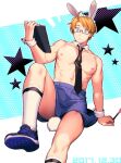  1boy 2017 ahoge america_(hetalia) animal_ears ankle_socks apron axis_powers_hetalia black_necktie blonde_hair blue_footwear dated detached_collar glasses holding holding_menu knee_up looking_at_object male_focus menu menu_board muscular muscular_male necktie nipples open_mouth pectorals pen rabbit_ears rabbit_tail shoes simple_background sitting sneakers socks tail to@st topless_male waist_apron waiter wrist_cuffs 