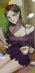  1girl black_hair blue_eyes book bra breasts cleavage closed_mouth commentary_request cup dress eyewear_on_head highres holding holding_book holding_cup large_breasts long_hair looking_at_viewer nico_robin nsgw off-shoulder_dress off_shoulder one_piece sitting smile solo sunglasses teacup underwear 