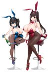  2girls alcohol animal_ears bar_stool bare_shoulders black_hair blue_bow blue_bowtie blue_eyes blue_footwear blue_gloves blue_hairband blue_leotard blunt_bangs bottle bow bowtie breasts brown_hair brown_pantyhose champagne cleavage detached_collar detached_sleeves fake_animal_ears fake_tail frown full_body gloves hair_between_eyes hairband half_gloves high_heels highleg highleg_leotard highres holding holding_bottle hug huge_breasts leotard light_smile long_hair looking_at_viewer multiple_girls omizu_(h2o) original pantyhose playboy_bunny rabbit_ears rabbit_tail red_bow red_bowtie red_eyes red_footwear red_gloves red_leotard shoes side_ponytail simple_background sitting stool tail thigh_strap twintails white_background wide_sleeves 