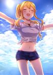  1girl blonde_hair blue_shorts blue_sky blush breasts clarice_(idolmaster) closed_eyes cloud collarbone day idolmaster idolmaster_cinderella_girls idolmaster_cinderella_girls_starlight_stage jewelry long_hair medium_breasts midriff namiko817 navel necklace open_mouth outdoors outstretched_arms shirt short_sleeves shorts sidelocks sky smile solo standing sun tied_shirt white_shirt 