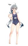  1girl absurdres ahoge bare_shoulders barefoot blue_one-piece_swimsuit collarbone commentary_request covered_navel flat_chest full_body grey_eyes grey_hair hair_between_eyes highres kantai_collection kiyoshimo_(kancolle) long_hair low_twintails name_tag new_school_swimsuit one-piece_swimsuit open_mouth round_teeth school_swimsuit simple_background solo swimsuit takafumi teeth twintails upper_teeth_only variant_set very_long_hair white_background 