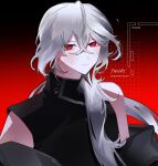  1boy a_date_with_death bare_shoulders bishounen casper_(a_date_with_death) gloves highres long_hair male_focus moonplls red_eyes simple_background sleeveless solo sweat upper_body white_hair 