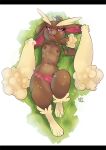  2018 4_fingers anthro bedroom_eyes breasts brown_fur buckteeth carrot clothed clothing digital_media_(artwork) female food fur half-closed_eyes lagomorph looking_at_viewer lopunny lying mammal navel nintendo nipples on_back open_mouth panties pok&eacute;mon pok&eacute;mon_(species) pose remyquill seductive solo teeth topless underwear vegetable video_games 