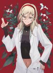  1girl absurdres aqua_eyes blonde_hair earpiece girls&#039;_frontline glasses hair_between_eyes hair_ornament hairband hairpin hand_on_own_hip highres lab_coat long_hair looking_at_viewer mole mole_under_mouth navel parted_lips red_background shaw_(girls&#039;_frontline) solo upper_body yotsuyama_(yomo8ama) 