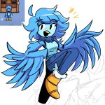 absurd_res anthro avian beak bird blue_hair boots bottomwear clothed clothing denim denim_bottomwear denim_clothing feathers female footwear hair hi_res jeans martlet_(undertale_yellow) pants peargor solo undertale undertale_(series) undertale_yellow wings