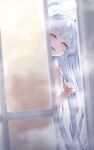  1girl blue_archive blush breast_press completely_nude grey_hair halo highres long_hair looking_at_viewer noa_(blue_archive) nude peeking_out purple_eyes smile solo steam straight_hair tagme very_long_hair yoru0409 