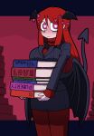  1girl black_jacket black_skirt black_wings blush book breasts closed_mouth cosplay demon_girl demon_tail demon_wings feet_out_of_frame hair_between_eyes head_wings heart heart-shaped_pupils helltaker high-waist_skirt highres holding holding_book jacket koakuma large_breasts long_hair long_sleeves looking_at_viewer low_wings miniskirt modeus_(helltaker) modeus_(helltaker)_(cosplay) office_lady pantyhose pink_eyes red_background red_hair red_pantyhose red_sweater ribbed_sweater shirosato sidelocks skirt sleeves_past_wrists solo standing sweater symbol-shaped_pupils tail touhou turtleneck turtleneck_sweater wings 