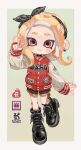  1girl :3 absurdres black_bow black_footwear black_hairband black_shorts blonde_hair border bow closed_mouth commentary_request ear_piercing full_body green_background hairband highres jacket letterman_jacket medium_hair myon_rio octoling octoling_girl piercing red_eyes shoes short_shorts shorts simple_background sleeves_past_wrists smile solo splatoon_(series) standing standing_on_one_leg tentacle_hair v white_border yellow_trim 