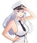  1girl absurdres arm_up azur_lane bare_arms bare_shoulders black_necktie breasts button_gap collared_shirt commentary distr enterprise_(azur_lane) hand_on_own_hip hat highres large_breasts long_hair looking_at_viewer necktie open_mouth peaked_cap purple_eyes shirt sidelocks simple_background sleeveless sleeveless_shirt smile solo teeth upper_body upper_teeth_only white_background white_hair white_headwear white_shirt wing_collar 