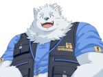 anthro belly blue_clothing blush canid canine canis clothing domestic_dog fur hi_res homohomofever lifewonders live_a_hero male mammal nordic_sled_dog overweight samoyed solo spitz topwear vest white_body white_fur yohack