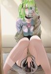  1girl between_legs black_choker breasts cellphone ceres_fauna ceres_fauna_(jirai_kei) choker green_hair hand_between_legs holding holding_phone hololive hololive_english immoralmouse indoors jirai_kei looking_at_phone mirror mole mole_under_eye nail_polish phone pink_nails reflection selfie sitting skirt skirt_tug smartphone solo virtual_youtuber yellow_eyes 