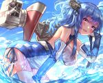  azur_lane bent_over blue_hair blue_sky blush breasts commentary_request day denchu_(kazudentyu) dress elbow_gloves eyebrows_visible_through_hair from_side garter_straps glint gloves hand_up hat highres large_breasts long_hair looking_at_viewer mini_hat one_side_up outdoors purple_eyes rigging short_dress sidelocks sky smile solo st._louis_(azur_lane) thighhighs wading wet white_gloves white_legwear 
