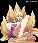  1boy 1girl alternate_breast_size animal_ear_fluff animal_ears bare_legs bare_shoulders barefoot black_background blonde_hair breasts commentary commission english_commentary feet footjob fox_ears fox_girl fox_tail green_eyes hair_between_eyes hair_ribbon hakama hakama_short_skirt hakama_skirt hand_on_own_hip hetero highres japanese_clothes kimono kitsune kyuubi long_hair long_sleeves medium_breasts mon-musu_quest! monster_girl multiple_tails nail_polish open_mouth panties pantyshot penis purple_hakama red_nails red_ribbon ribbon rope saorika32 shimenawa skirt slit_pupils smile soles solo_focus stepped_on tail tamamo_(mon-musu_quest!) teeth testicles toenail_polish toenails toes tongue twitter_username uncensored underwear upper_teeth_only v-shaped_eyebrows white_kimono white_panties wide_sleeves yellow_tail 
