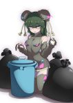  absurdres blush breasts bun_cover double_bun fingerless_gloves full_body garbodor gloves green_hair grey_eyes hand_up highres kanon563 kneeling long_hair looking_at_viewer open_mouth outdoors personification pokemon simple_background small_breasts solo trash_bag trash_can white_background 