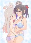  &gt;_&lt; 2girls :i absurdres ahoge bare_arms bare_shoulders black_hair blue_bra blue_panties blush bra breasts brown_eyes collarbone commentary cowboy_shot grabbing grabbing_another&#039;s_breast grey_hair hair_between_eyes hair_ornament hair_ribbon hairclip highres incest large_breasts long_hair multicolored_hair multiple_girls murairamuraiari one_eye_closed onii-chan_wa_oshimai! oyama_mahiro oyama_mihari panties pink_bra pink_panties purple_hair red_ribbon ribbon siblings sisters small_breasts twintails two-tone_hair underwear underwear_only yuri 