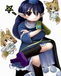  3girls animal_ears black_cape black_socks blue_dress blue_hair blue_headwear blush_stickers cape chibi chibi_inset clone closed_mouth crossed_arms crossed_legs dark_blue_hair dress figure_four_sitting foot_out_of_frame fox_ears fox_girl fox_tail frilled_dress frills geta hair_between_eyes hat highres holding holding_test_tube iizunamaru_megumu kudamaki_tsukasa light_brown_hair long_sleeves looking_at_viewer medium_hair multiple_girls pointy_ears pom_pom_(clothes) purple_footwear red_eyes ribbon-trimmed_dress simple_background sitting smile socks star_(symbol) tabi tail tengu-geta test_tube tokin_hat touhou white_background white_romper white_socks yakumora_n zun_(style) 