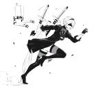  1girl 2b_(nier:automata) absurdres blindfold bob_cut boots breasts cleavage_cutout closed_mouth clothing_cutout commentary covered_eyes dress dust english_commentary feather-trimmed_sleeves floating floating_object floating_sword floating_weapon from_side gloves greyscale hairband high_heel_boots high_heels highres juliet_sleeves lipstick long_sleeves makeup monochrome nier:automata nier_(series) pod_(nier:automata) puffy_sleeves robot running short_dress short_hair side_slit simple_background smile sword thighhighs thighhighs_under_boots weapon yajuu_(tristan_maska) 