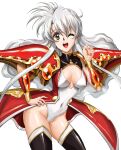  1girl ;d armor athletic_leotard black_thighhighs breasts brown_eyes claret_(langrisser) contrapposto covered_navel cowboy_shot hair_between_eyes hand_on_own_hip highleg highleg_leotard highres langrisser langrisser_v legs_apart leotard long_hair looking_at_viewer medium_breasts official_style one_eye_closed open_mouth parted_bangs pauldrons shiny_clothes shiny_skin shoulder_armor sidelocks simple_background smile solo standing sterben thighhighs white_background white_hair 