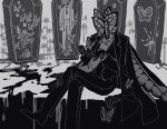  1boy absurdres animal_head blood bug butterfly coat coat_on_shoulders coffin flower funeral_of_the_dead_butterflies gloves greyscale highres lobotomy_corporation maskv monochrome pants project_moon sitting spider_lily vest 