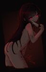  1girl black_hair blood blood_on_face blood_on_knife blood_splatter completely_nude fluffyusagii holding holding_knife knife licking licking_weapon long_hair looking_at_viewer nude red_eyes simple_background solo vrchat weapon yandere 