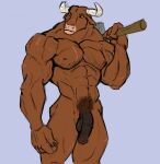 abs anthro balls biceps bovid bovine casual_nudity cattle european_mythology flaccid fur genitals greek_mythology hi_res horn humanoid_hands leo_sus_art male mammal manly minotaur muscular muscular_anthro muscular_male mythology navel nipples nude penis simple_background solo solo_focus
