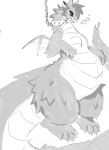 2020 anthro belly big_belly big_tail breath chain collar digital_media_(artwork) dragon female fur furred_dragon grey_body greyscale hair hi_res huge_tail leg_tuft monochrome neck_tuft overweight overweight_anthro overweight_female rexy_(thorn_paw) smile solo spiked_collar spikes standing tail thorn_paw tuft white_body