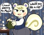 2023 animal_crossing anthro beverage black_eyes blush blush_stickers clothed clothing container cup english_text fur holding_object male mammal marshal_(animal_crossing) nintendo open_mouth pokonuki rodent sciurid solo squirrel_tail tan_body tan_fur tea tea_cup teapot text thick_thighs tired_eyes tree_squirrel