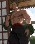  1boy abs architecture bara bare_pectorals black_pants blush closed_mouth coat earrings east_asian_architecture english_commentary feet_out_of_frame green_coat green_hair highres jewelry kingidol leaning looking_at_viewer male_focus muscular muscular_male nipples one_piece pants pectorals red_sash roronoa_zoro sash scar scar_across_eye scar_on_chest short_hair shouji signature single_earring sliding_doors solo undressing 