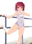  1girl :&gt; absurdres android bare_legs barefoot blush breasts closed_mouth commentary dallim dorothy_haze finger_to_mouth foot_out_of_frame hairband hand_on_railing highres joints looking_at_viewer one-piece_swimsuit red_eyes red_hair robot_joints shadow short_hair simple_background small_breasts smile solo standing standing_on_one_leg stretching swimsuit va-11_hall-a white_background white_hairband white_one-piece_swimsuit 