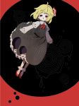  black_skirt black_vest blonde_hair bobby_socks circle commentary_request dress floating full_body hair_ribbon long_sleeves no_nose puffy_long_sleeves puffy_sleeves red_footwear red_ribbon ribbon rumia shoes short_hair simple_background skirt skirt_set socks solo tamako_(egg24k) touhou vest white_legwear 