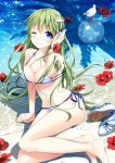  ;) arm_support ball bare_arms bare_shoulders bikini bikini_day bird blue_bikini blue_eyes blush breasts collarbone commentary day eyebrows_visible_through_hair flower footwear_removed frog_hair_ornament green_hair hair_ornament hair_tubes halterneck hand_in_hair hand_up kochiya_sanae large_breasts long_hair looking_at_viewer miyase_mahiro navel one_eye_closed outdoors red_flower sandals shadow side-tie_bikini sitting smile snake_hair_ornament solo stomach striped striped_bikini swimsuit thighs touhou water white_bikini white_footwear 