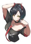  1girl absurdres arm_behind_head arm_up azur_lane bare_shoulders black_choker black_hair black_shirt breasts casual choker commentary_request expressionless from_above hair_over_one_eye hand_up hands_up highres horns looking_at_viewer medium_breasts medium_hair multicolored_hair off-shoulder_shirt off_shoulder parted_lips print_shirt shirt short_sleeves slit_pupils solo soul_(dp11) staring two-tone_hair ulrich_von_hutten_(azur_lane) upper_body white_hair yellow_eyes 