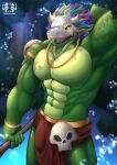 abs absurd_res anthro biceps bone clarxender green_body green_scales hair hi_res lihzahrd male mask multicolored_hair muscular muscular_anthro muscular_male pecs rainbow_hair reptile scales scalie skull skull_mask solo terraria witch_doctor_(terraria)