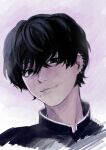  1boy black_eyes black_hair chainsaw_man commentary ear_piercing earrings english_commentary eyebrows_hidden_by_hair gakuran highres jewelry mafureid male_focus mole mole_under_mouth multiple_earrings piercing portrait school_uniform smile solo yoshida_hirofumi 