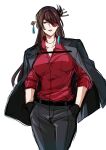  alternate_costume beidou_(genshin_impact) black_gloves breasts brown_hair colored_eyepatch cowboy_shot dress_shirt eyepatch genshin_impact gloves grey_jacket grey_pants hair_ornament hair_over_one_eye hair_stick hairpin hands_in_pockets highres jacket large_breasts one_eye_covered open_collar pants red_eyes red_shirt rio_inukai shirt solo tassel tassel_hair_ornament white_background 