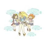  belt blonde_hair blue_shirt blue_skirt breast_pocket collared_shirt commentary etorofu_(kantai_collection) feeding fish flower gambier_bay_(kantai_collection) hair_between_eyes hair_flower hair_ornament hairband hat jyako_(bara-myu) kantai_collection lowres matsuwa_(kantai_collection) multicolored multicolored_clothes multiple_girls pocket sailor_collar sailor_hat sandals school_uniform serafuku shaved_ice shirt short_sleeves shorts skirt socks twintails 