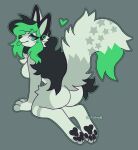 &lt;3 absurd_res anthro bangs blep breasts butt canid canine digitigrade ear_piercing eyelashes eyelashes_through_hair feet fennec fluffy fluffy_tail fox fur gauged_ear green_body green_eyes green_fur green_hair gynomorph hair hi_res intersex kneeling leaning leaning_forward long_hair looking_at_viewer looking_back male_(lore) mammal medium_breasts messy_hair multicolored_body multicolored_fur multicolored_hair nude nude_anthro pawpads piercing pose raised_tail side_boob simple_background skullmutt smile snout solo sushimi tail tongue tongue_out translucent translucent_hair tuft two_tone_body two_tone_fur two_tone_hair two_tone_tail