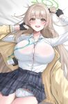 1girl amyu_(amm_asl_pa) black_gloves black_skirt blue_archive blush breasts fingerless_gloves gloves green_eyes green_halo hair_between_eyes halo highres large_breasts light_brown_hair long_hair lying name_tag nonomi_(blue_archive) panties shirt skirt solo underwear very_long_hair white_panties yellow_shirt 