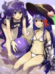  ball beach blue_eyes blue_hair bow debt food fruit hat hinanawi_tenshi long_hair multiple_girls one-piece_swimsuit peach piyodesu red_eyes school_swimsuit swimsuit touhou very_long_hair water yorigami_shion 